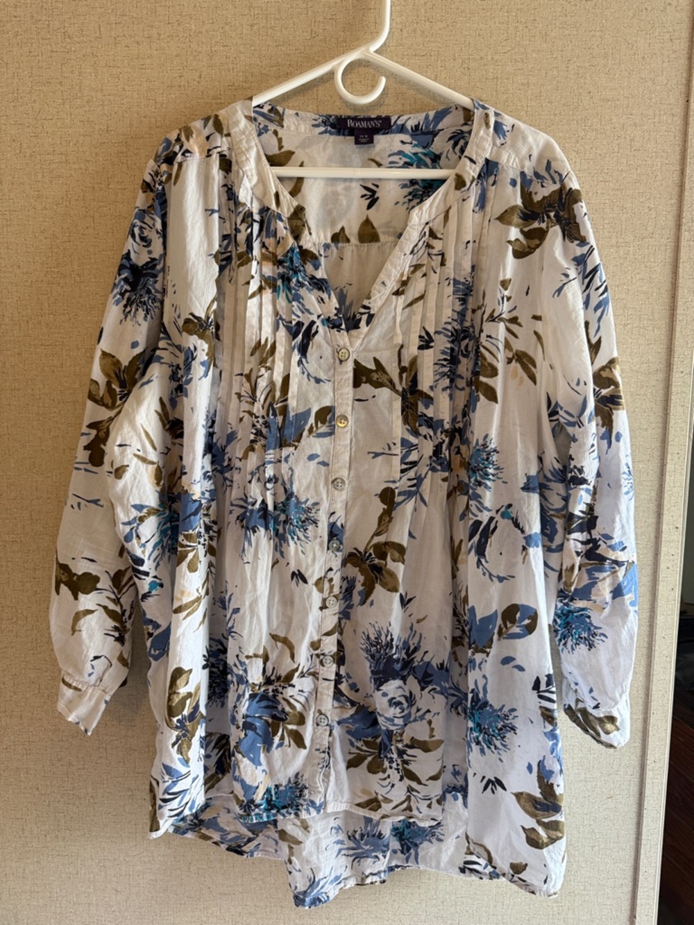 Roaman's Blue Floral Button-Front Blouse Adjustable Sleeves Boho Romantic 24